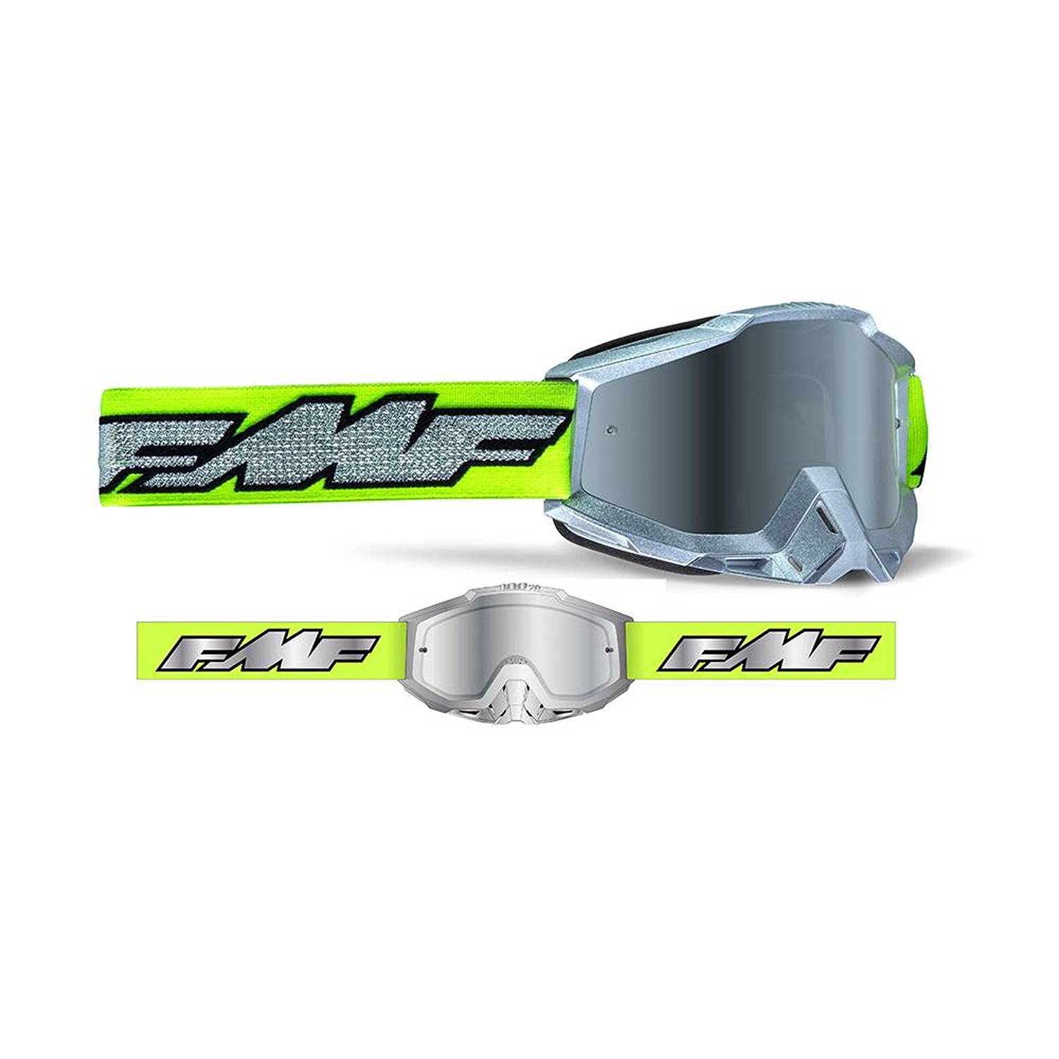 FMF Powerbomb Rocket Silver Lime Mirror Silver Goggles Size