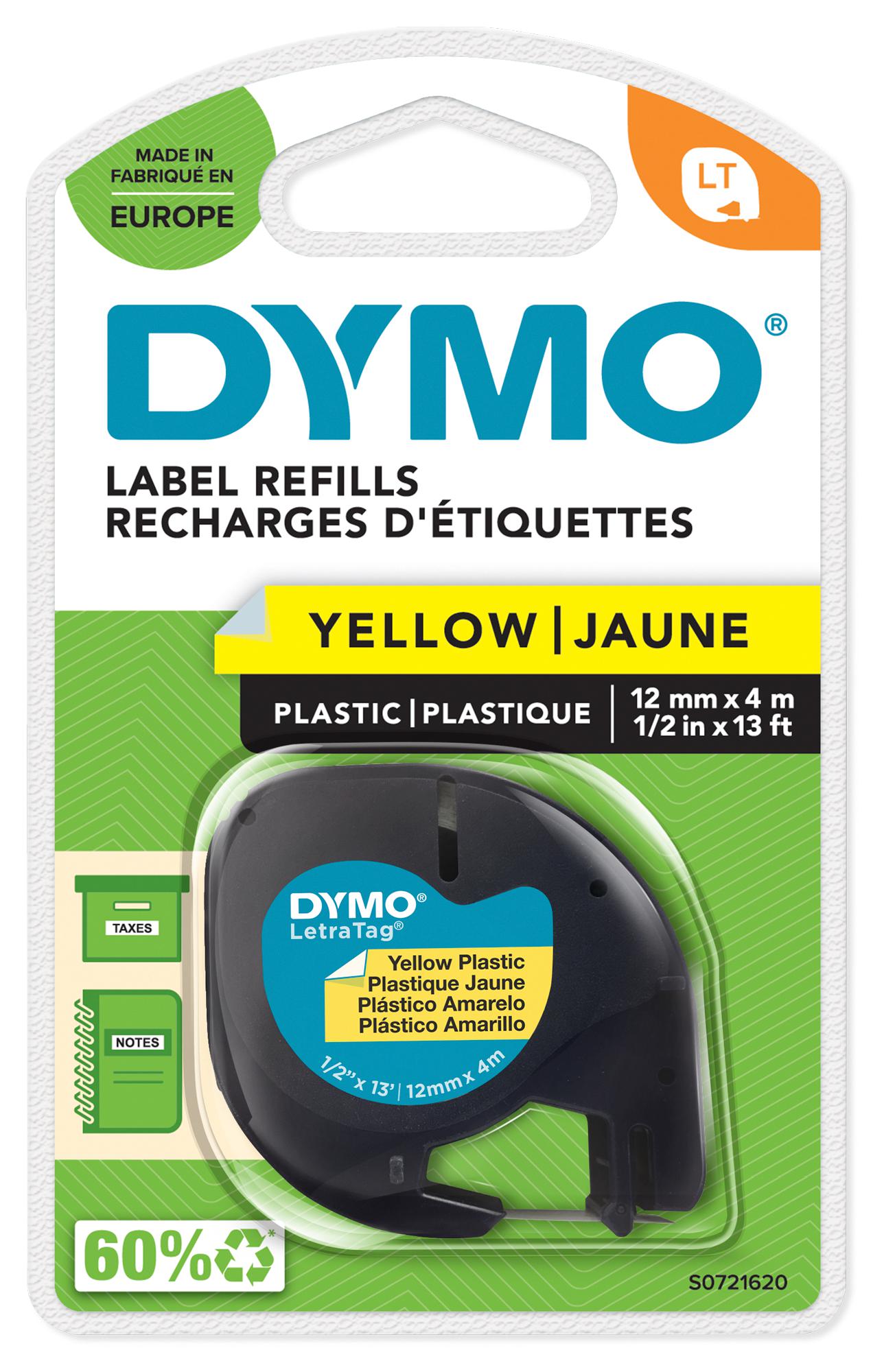Dymo S0721620 Label, Tape, Plastic, Yellow, 12mm x 4M