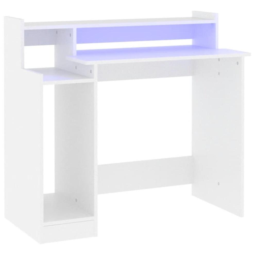 (White) vidaXL Desk with LED Lights Computer Table Study Writing Desk Engineered Wood