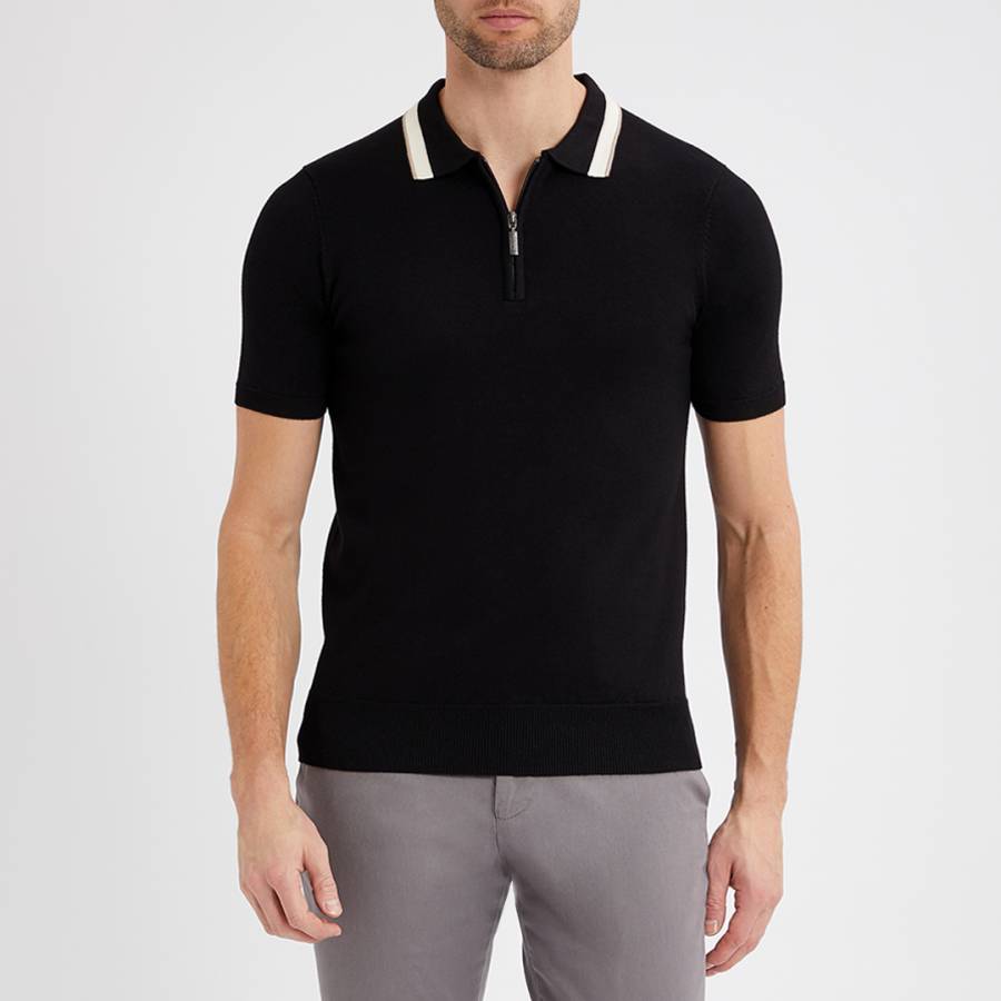 Black Half Zip Contrast Collar Polo Shirt