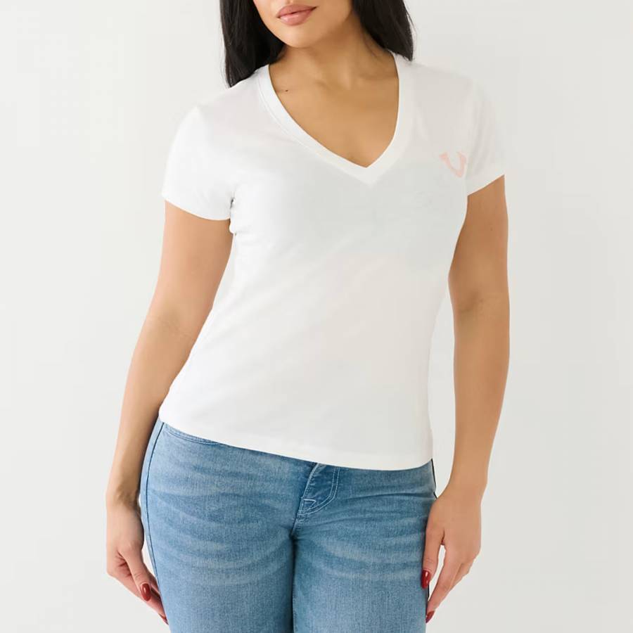 White Embellished Back Logo Cotton T-Shirt