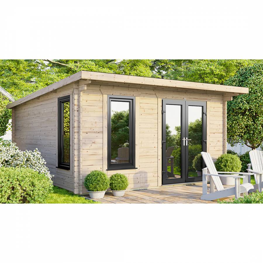 SAVE £1325  14x14 Power Pent Log Cabin Right Double Doors - 44mm