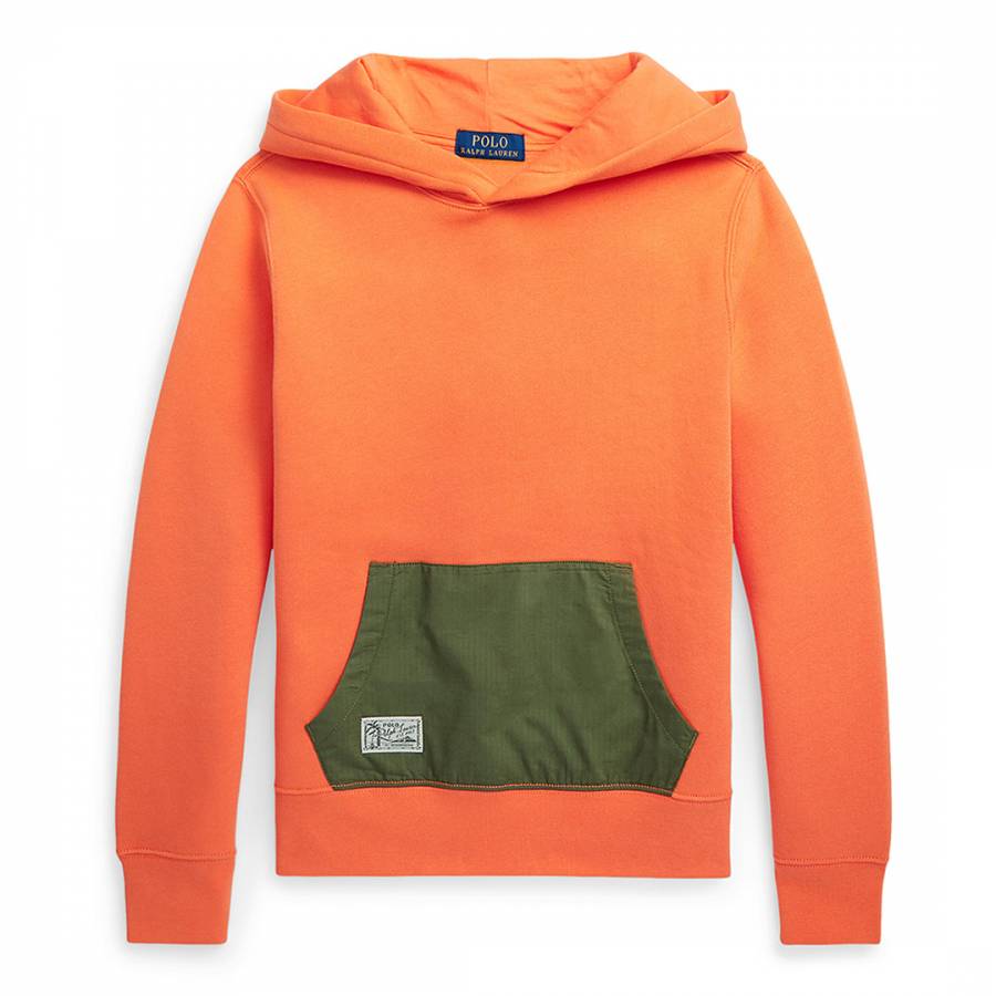 Older Boy's Orange Contrast Pocket Cotton Blend Hoodie