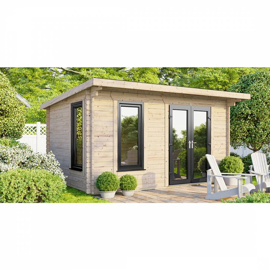 SAVE £1130  14x8 Power Pent Log Cabin Right Double Doors - 44mm