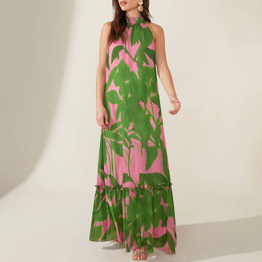 Pink/Green Printed Halter Maxi Dress