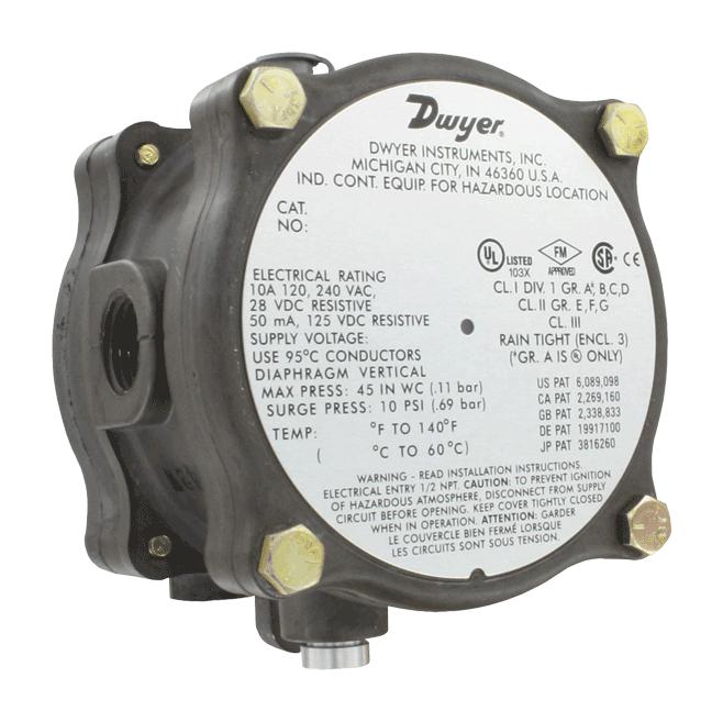 Dwyer 1950G-0-B-120-Na. Explosion-Proof Differential Pressure Switch,range .15-.50 W.c.,approx. Deadband Min. Set Point .06,approx. Deadband Max. Set