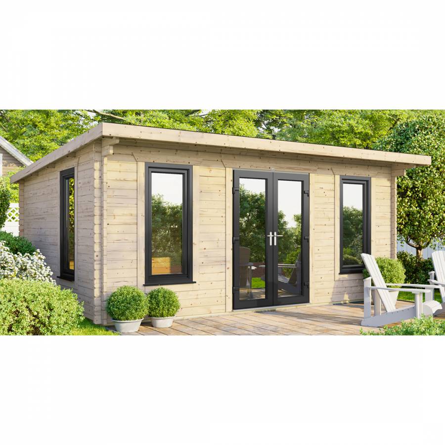 SAVE £1370  18x12 Power Pent Log Cabin Central Double Doors - 44mm