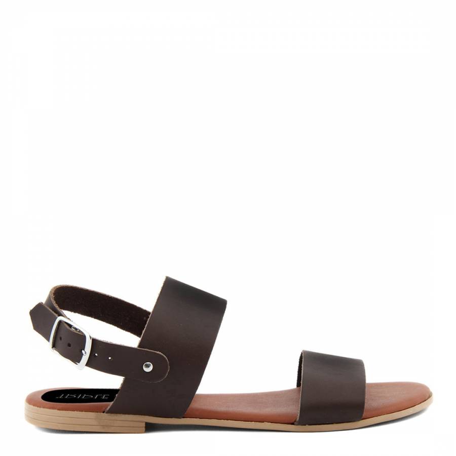 Brown Leather Double Strap Flat Sandals