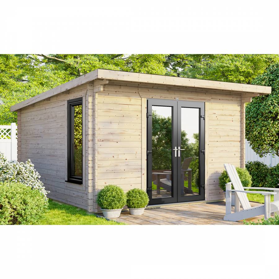 SAVE £1130  12x12 Power Pent Log Cabin Central Double Doors - 44mm
