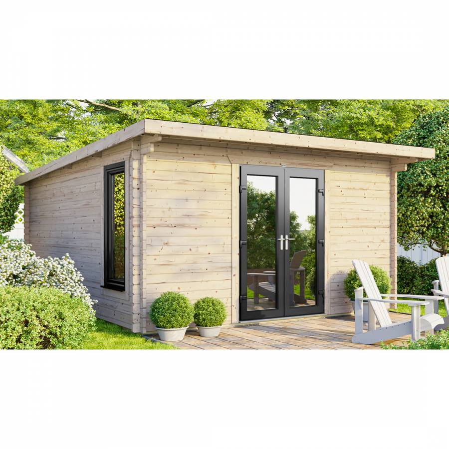 SAVE £1325  14x14 Power Pent Log Cabin Central Double Doors - 44mm