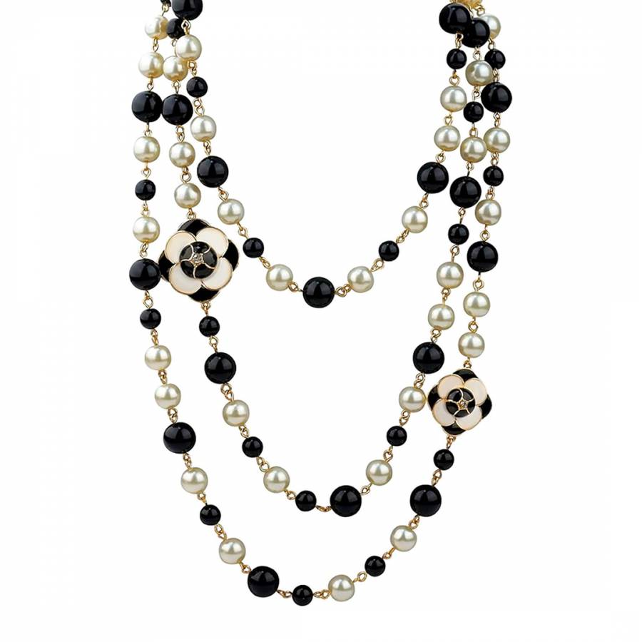 18K Gold Black & White Rose Enamel Long Necklace