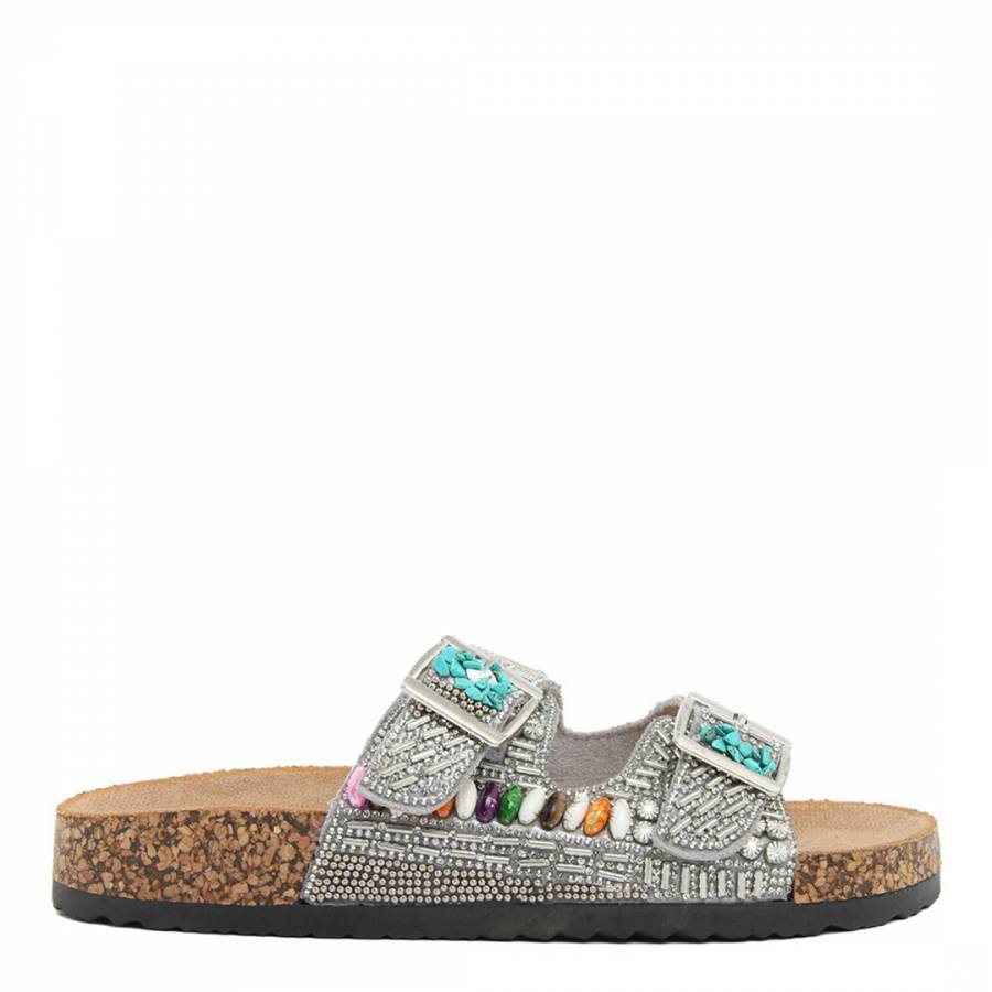 Silver Beaded Double Band Cork Flat Sandals